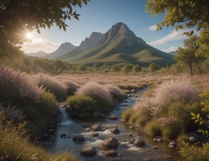 photorealistic, best quality, ultra-high resolution, 16k, UHD, DSLR, soft lighting, intricate details, best quality, film grain, realistic, long shot, vast angle, full shot, springtime, mid-day light, vast savanna with spring colorful flowers as the first foreground, the colorful mountains with creeks, colorful jungle leaves trees, 3d rendering, rugged mountain, rocky mountains, spring forest, Masterpiece, photorealistic, more detail XL, Extremely Realistic, scenery, Masterpiece, photorealistic, more detail XL, Extremely Realistic, scenery, cinematic style, oil impasto, Spring