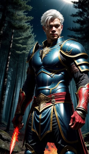 Masterpiece, full shot, a white hair boy, with glowing red eyes, manly face, wearing blue Javanese warrior armor, small lighting bolt sphere on his right hand, ready to shoot, the right hand is up in front of his enemy, cinematic shot, cinematic lighting, a red dragon with a blue strip on its body, forest on fire as the background, milkyway light in the sky