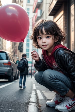 masterpiece, long-shot, a crow on the ground and a 3-year-old child at the traffic-light, he smiles, look up, wear a red shirt and holding a big yellow balloon floating, shoes, normal face, detailed head, detailed face and detailed eyes, (Photorealistic), (Hyperrealistic), (Hyperdetailed), (analog style), (detailed skin), long shoot, ((at_busy street), blurred background, blue sky, realistic, sharp focus, high resolution, exquisite details and textures, highly clear, ultra-detailed photograph, Sony A7S with zoom lens