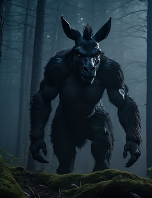 ultra high res, (photorealistic), 16k, UHD, DSLR, soft lighting, intricate details, best quality, film grain, Fujifilm XT3, (best quality), [[realistic]], ultra-detailed, extremely detailed, hyper details, low angle shot, head-to-toes, full shot of 1 black giant tall demon entity, 1 donkey,  in the forest at night,  mist, blurred_background, blurred_foreground, Detailedface,1, Movie Still, arcane, Film Still