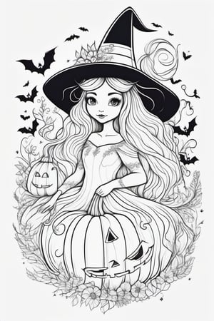 outline art for adults coloring book cute halloween coloring pages with witch, adult style, white background, Sketch style, full body, only use outline, Mandala style, clean line art,