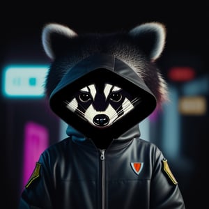 isometric view of a chibi cute hyperrealistic futuristic soldier raccoon wearing cyberpunk jacket. Cinematic, hyper detailed, black neon background , highly detailed, zoomed out,