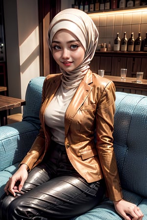 a 40 years old hijab woman in orange tangerine tuxedo blazer with long pants, light smile, SFW, asian girl, relaxed sitting on cozy sofa, at modern urban cafe,