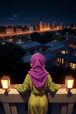 Photorealistic, 8K, A hijab girl with an elegance of baju kurung and baju Melayu against crowded city with details. batik pattern, 3DMM,Detailedface, (light smile:1.2), SFW, wide view, view_from_above, looking_at_viewer, viewed_from_behind, nighttime