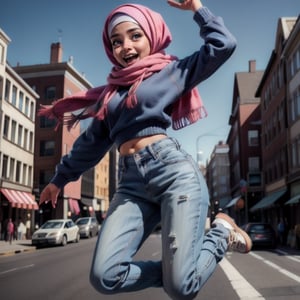 best quality, masterpiece, (photorealistic:1.4),8K UHD, Generate an image of a joyful hijab-wearing girl jumping with excitement on a vibrant city street, wearing oversized sweatshirt, loose, tight jeans,perfecteyes