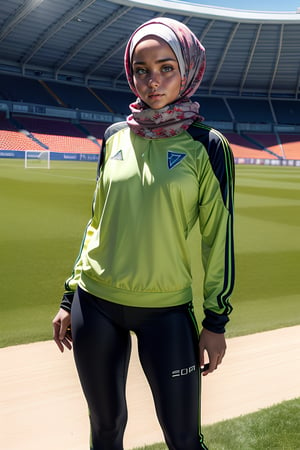 best quality, masterpiece, (photorealistic:1.4),Create an image of a hijab-wearing girl playing soccer. She is dressed in a sports outfit that respects her modesty,She sports a short pant with long skin-tight leggings underneath, paired with a long-sleeve jersey. Her clothing ensemble fully respects her modesty, The girl's focus and enthusiasm for the game are palpable as she participates on the field. Capture the energetic atmosphere of soccer while showcasing her distinctive attire choice and commitment to her sport. Detailedface, Detailedeyes, (cheerful face:1.2),