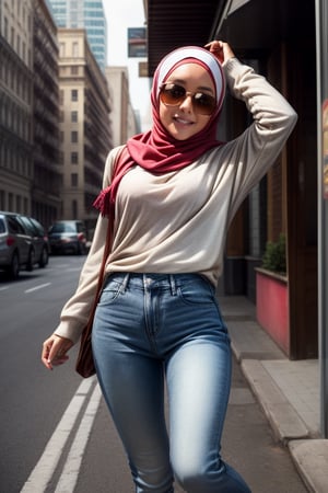 best quality, masterpiece, (photorealistic:1.4), Generate a joyful image of a girl wearing a hijab, leaping energetically on a lively city street. She's dressed in an oversized sweatshirt sweater with t-shirt, loose and comfy, along with tight jeans. Make the scene photorealistic with perfect details, showcasing her happiness and the urban atmosphere. Ensure the image is of the highest quality at 8K UHD resolution (1.4 aspect ratio), perfect body, (small breast:1.4),perfecteyes, wearing glasses, close-up, view from the backside, sfw