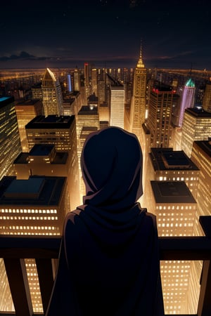 Photorealistic, 8K, A hijab girl with an elegance of baju kurung and baju Melayu against crowded city with details. batik pattern,Detailedface, (light smile:1.2), SFW, wide view, view_from_above, looking_at_viewer, viewed_from_behind, nighttime
