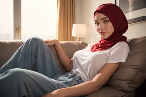 best quality, masterpiece, (photorealistic:1.4), 1girl, horny smile, waist up, dramatic lighting, hijab girl, relaxing at home, lying on the cozy sofa in the modern living room. short sleeve oversized large t-shirt. cotton. jumpsuit, SFW, watching television, eating chips