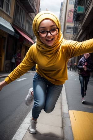 best quality, masterpiece, (photorealistic:1.4), Generate a joyful image of a girl wearing a hijab, leaping energetically on a lively city street. She's dressed in an oversized sweatshirt sweater with t-shirt, loose and comfy, along with tight yellow long pants. Make the scene photorealistic with perfect details, showcasing her happiness and the urban atmosphere. Ensure the image is of the highest quality at 8K UHD resolution (1.4 aspect ratio), perfect body, (small breast:1.4),perfecteyes, wearing glasses, (selfie:1.2), close-up, sfw