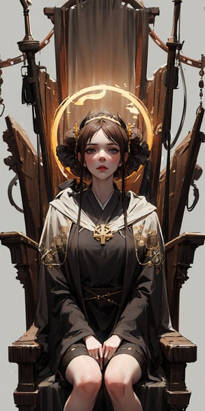 (masterpiece), best quality, expressive eyes, perfect face, evil steampunk pyromancer woman, ornamental halo, black shirt, brown body, tunic, intricate robes, sitting on obsidian throne, fractal fire background, sharp focus, highly detailed, perfect detailed face, cinematic lighting, studio quality, chiaroscuro, smooth render, unreal engine 5 rendered, octane, rendered,1Girl