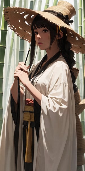 1 girl, black hair, light particles, solo, masterpiece, best quality, high quality, highly detailed, long hair, tied hair, looking at viewer, bamboo hat(optional, there's also googles)