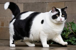 fat cat, white, with a little black spots on head and black tail, show full body, two black spots on back