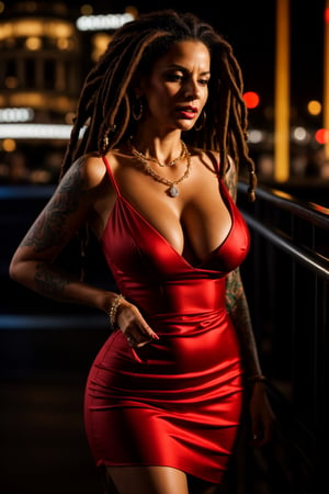 Elegant old woman in her sexy red dress, masterpiece, best quality, ultra realistic, focus, RAW photo, intricate detailed, high detail, ,photorealistic,realism, she has big tits, bright, night club background, tattooed, rasta hair, diamond necklace