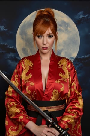 Oil painting, art by Jean Leon Gérome. laurenphillips is a beautiful samurai, her red hair tied in a high ponytail, leaving her face exposed. laurenphillips wears a deep red kimono, intricately embroidered with golden dragons, and her katana rests unsheathed in front of her, its blade gleaming in the moonlight. laurenphillips, Her eyes are intense, filled with silent fury as she stares ahead, prepared for battle. Bokeh, Masterpiece, High Quality, Film Grain, Hyper Detailed