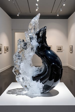 (masterpiece, high quality, 8K resolution). An abstract painting titled ‘Harmony of the Elements.’ At the center stands a stunning crystal sculpture of an intertwined yin-yang symbol, glowing with balanced black and white hues that symbolize duality and harmony. The crystal's facets are intricately designed, capturing light and casting balanced reflections. Within the sculpture, a dark gray liquid swirls, contrasting with the clear crystal, representing hidden neutrality. The minimalist background resembles an art exhibition, drawing full attention to the sculpture. The lighting is balanced and focused, emphasizing the crystal’s intricate details and the enigmatic liquid inside, creating a thought-provoking visual impact.  