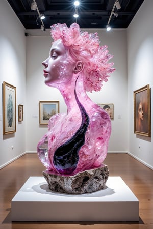 (masterpiece, high quality, 8K resolution). An abstract painting titled ‘Poison of Love.’ In the center stands a stunning crystal sculpture of a beautiful girl, shimmering with delicate pink hues that symbolize love. The crystal is intricately detailed, with facets that catch the light and sparkle brilliantly. Inside, a sinister black liquid swirls, contrasting sharply with the crystal’s soft glow, representing hidden toxicity. The minimalist background resembles an art exhibition, drawing full attention to the sculpture. The lighting is dramatic and focused, highlighting the crystal’s dazzling details and the haunting black liquid within, creating a powerful visual impact