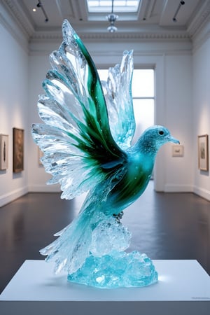 (masterpiece, high quality, 8K resolution). An abstract painting titled ‘Veil of Serenity.’ Central to the piece is a stunning crystal sculpture of a serene dove, emitting calming blue tones that symbolize peace. The crystal is intricately detailed, with facets that catch the light and shimmer softly. Inside, a dark green liquid swirls, contrasting with the crystal’s tranquil glow, representing hidden complexity. The minimalist background resembles an art exhibition, ensuring the sculpture remains the focal point. The lighting is gentle yet focused, highlighting the crystal’s delicate features and the mysterious liquid within, creating a harmonious visual experience.  