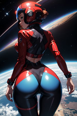 1 girl, fiery red jacket, thick, curvy, flat, big ass, tight suit,Space helm of the 1960s,and the anime series G Force of the 1980s,Darf Punk wlop glossy skin, ultrarealistic sweet girl, space helm 60s, holographic, holographic texture, the style of wlop, space, 