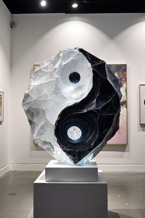 (masterpiece, high quality, 8K resolution). An abstract painting titled ‘Harmony of the Elements.’ At the center stands a stunning crystal sculpture of an intertwined yin-yang symbol, glowing with balanced black and white hues that symbolize duality and harmony. The crystal's facets are intricately designed, capturing light and casting balanced reflections. Within the sculpture, a dark gray liquid swirls, contrasting with the clear crystal, representing hidden neutrality. The minimalist background resembles an art exhibition, drawing full attention to the sculpture. The lighting is balanced and focused, emphasizing the crystal’s intricate details and the enigmatic liquid inside, creating a thought-provoking visual impact.  