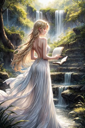 A serene shot of a single blonde-haired girl, her long locks cascading down her back like a golden waterfall. She stands alone, wearing a flowing white dress that showcases her bare shoulders and delicate skin. In one hand, she cradles an open book, its pages rustling softly in the gentle breeze as she becomes lost in the written words.