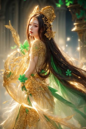 A beauty of golden,gold dress,celtic goddess style, st.patricks day theme,sle, masterpiece, detailed background,haven,mksks style,1 girl