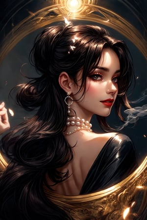 A sultry portrait of a dark- skinned female with long, luscious black hair cascading down her back. She wears a elegant dress with bare shoulders, adorned with a pearl necklace and dangling earrings that catch the smoky light. Her gaze meets the viewer's, her dark eyes gleaming with intrigue as she puffs on a cigarette, surrounded by wispy tendrils of smoke. A pair of black gloves adds a touch of mystery to her enigmatic smile, while a swipe of lipstick emphasizes her confidence and allure.