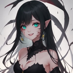 ánime girl , daytime, cool background, details on the character, green black hair, 4k quality, good quality, amazing, cute, focus on the character, detailed eyes, calm face, portrait, sharp_hair, sharp_ears,makeup, smiling, nice dress, android, scars, surprised, long_hair, shocked