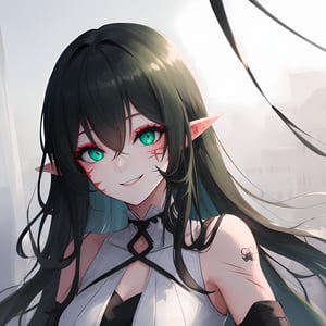 ánime girl , daytime, cool background, details on the character, green black hair, 4k quality, good quality, amazing, cute, focus on the character, detailed eyes, calm face, portrait, sharp_hair, sharp_ears,makeup, smiling, nice dress, android, scars, surprised, long_hair, shocked