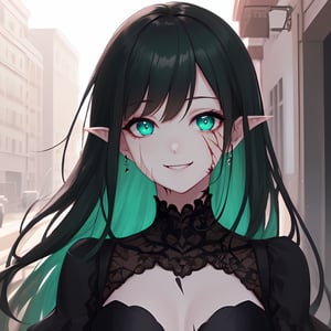 ánime girl , daytime, cool background, details on the character, green black hair, 4k quality, good quality, amazing, cute, focus on the character, detailed eyes, calm face, portrait, sharp_hair, sharp_ears,makeup, smiling, nice dress, android, scars, surprised, long_hair, shocked, 