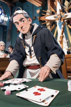 The Pope plays cards with some of his Church collaborators in a relaxed and friendly atmosphere. He shows skill in handling the cards while dealing and asking questions to the players. Despite his concentration, he maintains a kind and respectful attitude. Finally, he wins the game and thanks his friends, reminding them of the importance of friendship and companionship.