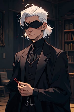 1 woman, white hair, short hair, blindfold, hairstyle, other hair style, SAM YANG, gothic, gentleman