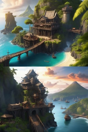 (Masterpiece),best quality,8k,hd,fantasy,coastal trade city on volcanic jungle island,old fortress,3 storie wooden houses,bridges,harbor with a few trade vessels,sugar fields,dense canopy, colony,this might be a dangerous place for a settlement,
Architectural100