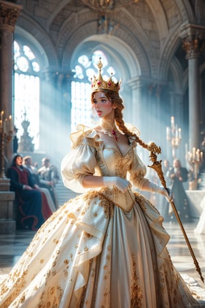 masterpiece, best quality, amazing quality, very aesthetic, depth of field, score_9, score_8, score_7, score_6

medieval queen, regal posture, long flowing gown adorned with gold embroidery, jeweled crown on her head, intricate braided hair, standing in a grand stone castle hall, soft natural lighting through stained glass windows, holding a royal scepter, powerful yet graceful expression, ultra-detailed, cinematic, 8k, masterpiece, historical realism, score_9, score_8_up, royal attire, elegant, majestic presence