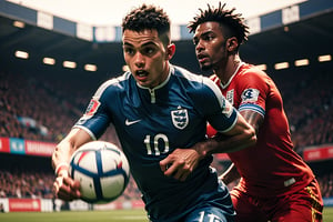 Cinematic photo of England striker heading the ball in European football match, dark skinned, solo, 1boy, depth of field, bokeh, sport photography, action-packed moment, dynamic, thrilling movement, realistic, perfecteyes eyes,photorealistic