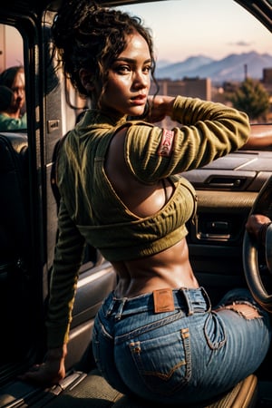 ultra detailed,  8k wallpaper,  (1girl in her late 20s: 1.2),  (shot on Sony A7 II 50mm: 1.2), (from behind, depth of field, aperture f/5.6: 1.4)  (beautiful panam palmer bending over the hood of a 4WD SUV vehicle), (sexy pose: 1.2), (looking at viewer: 1.2),  (wearing crop top and ripped jeans: 1.4), olive skinned,  (toned body),  skin pores,  (full round breasts),  (cleavage: 1.2), (golden hour lighting1.2),  perfecteyes eyes