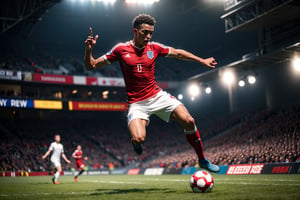 Cinematic photo of England striker heading the ball on the football pitch, dark skinned, solo, 1boy, European football, depth of field, bokeh, sport photography, action-packed moment, dynamic, thrilling movement, photorealistic, perfecteyes eyes