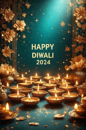 (diwali-inspired arrangement:1.5) of small oil lamps (diyas) delicately placed on a richly textured teal surface with intricate gold floral patterns and swirling celestial designs. The diyas emit a warm, golden glow, casting soft, flickering reflections on the surrounding surface. (Golden motifs:1.3) are finely detailed, adding depth and richness, and creating a sense of celebration and elegance. The teal background is subtly illuminated by the diya light, enhancing the vibrancy of the colors by Fateline. The text "HAPPY DIWALI 2024" is elegantly written in shimmering gold lettering across the top in an ornate, festive font, harmonizing with the intricate designs on the surface. Ultra-detailed, high quality, 8K resolution, (soft bokeh lighting in the background), no characters, no harsh shadows.