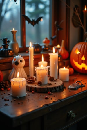 Halloween scene featuring the spooky candles ,small burning candles, dripping wax, ghostly figure, and carved pumpkin. dynamic Angle, high-resolution camera, Perspective