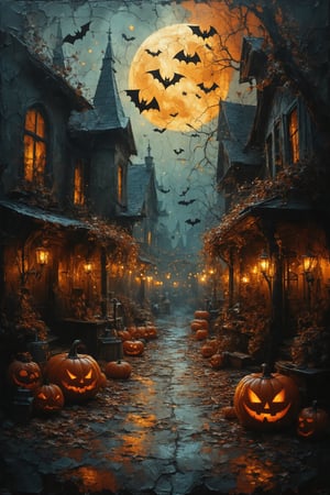 An atmospheric Halloween street scene filled with realistic, detailed, and elegant Halloween elements like bats and eerie decorations, inspired by the style of Fateline. The artwork is a fluid, intricate painting on antique, cracked, and burned paper, capturing an abstract expressionist vibe with vintage, cinematic double exposure. The piece showcases close-up elements, with transparent textures, glowing stars, and an astral aura, conveying the magic of Halloween night. Expressive brushstrokes reminiscent of Kuindzhi, Dan Mumford, and Andy Kehoe blend with dynamic lighting and shadow play, adding depth and a hauntingly cinematic quality. The intricate detailing, transparency, and masterful use of shadow sparks create a rich, enchanting Halloween ambiance.