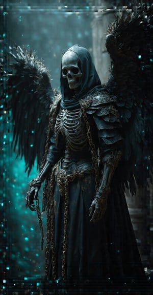 A haunting, masterfully detailed portrayal of a reaper angel with a fully visible skeletal face, illuminated by an eerie, ghostly cerulean glow. The dark, gothic armor is intricately designed with sharp spikes and engraved patterns, each detail in sharp focus and accented with striking cerulean hues. The figure stands in a powerful, dynamic pose, one arm outstretched and wrapped in heavy, rusted chains that cascade downward, creating a sense of fluid movement by Fateline. The skeletal face, exposed beneath the hood, stares out with empty, piercing eye sockets that glimmer faintly with an otherworldly light, enhancing the figure's intimidating presence. Large, raven-black wings extend from its back, each feather tinged with cerulean highlights that shimmer in the soft, ethereal light. These luminous tones balance against deep blacks and grays, casting an otherworldly glow over the reaper’s entire form, enhancing its spectral essence. The background fades into the shadowed depths of an ancient cathedral-like space, allowing the angelic reaper to dominate the scene with supernatural power. Tiny particles of dust and light float around the figure, sparkling softly, as if the very air is filled with whispered souls and memories. The entire scene is enveloped in a high-contrast, cinematic atmosphere, capturing the terrifying beauty and transcendent elegance of this spectral guardian.