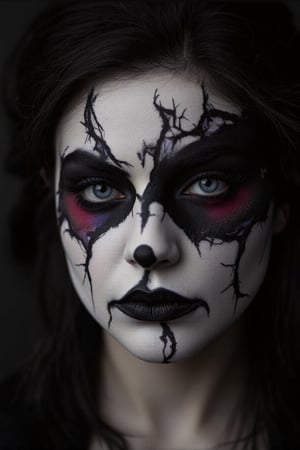 AA close-up portrait of a woman's face with intricate Halloween makeup, designed to be both eerie and artistic. Her skin is painted a pale, ghostly white with detailed, black spiderweb patterns stretching from her eyes across her cheeks. Her lips are dark, almost black, with subtle cracks forming as if her skin is breaking apart. Around her eyes, the makeup creates a hollow, sunken effect with red and purple tones blending into the shadows, adding depth and intensity by Fateline. The makeup also features small, detailed skull and bone motifs near her temples. Her hair is dark and wild, flowing loosely, adding to the unsettling look. The lighting is low and dramatic, casting shadows that highlight the intricate details. Ultra-detailed, 8K quality, with a hyper-realistic style, no distorted features, and no background distractions, focusing entirely on her haunting, carefully designed face.