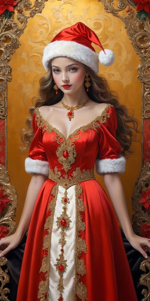 An anthropomorphic girl wearing a Santa Claus hat is the main subject of this captivating image. Designed by Brom, the exquisite red silk of her dress is adorned with intricate golden filigree. The girl stands against a breathtaking Christmas background, adding to the festive ambiance. The image, whether a painting, photograph, or digital creation, showcases the richness of color and attention to detail. With its high artistic quality, this visually stunning portrayal of the anthropomorphic girl evokes a sense of awe and admiration.