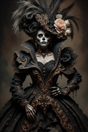 A hauntingly beautiful figure dressed in elaborate, gothic attire, inspired by Día de los Muertos. Her face is painted as a stunning sugar skull, with intricate golden details framing her eyes and forehead, blending into the stark white and black skeletal makeup. Her piercing dark eyes gaze out intensely from beneath a lavish black tricorne hat, adorned with large, pale flowers and dark feathers. She wears an ornate, gold-embroidered coat with high, regal collar and layers of rich, textured fabric, halloween costume by Fateline. The dim lighting emphasizes the luxurious textures of her outfit, casting soft shadows across her face, while her expression remains enigmatic and powerful, exuding an air of mystery and elegance in this richly detailed, baroque scene.