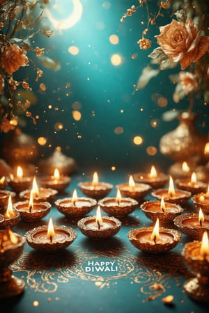 (diwali-inspired arrangement:1.5) of small oil lamps (diyas) delicately placed on a richly textured teal surface with intricate gold floral patterns and swirling celestial designs with text " HAPPY_DIWALI_2024" text. . The diyas emit a warm, golden glow, casting soft, flickering reflections on the surrounding surface. (Golden motifs:1.3) are finely detailed, adding depth and richness, and creating a sense of celebration and elegance by Fateline. The teal background is subtly illuminated by the diya light, enhancing the vibrancy of the colors. Ultra-detailed, high quality, 8K resolution, (soft bokeh lighting in the background), no characters, no harsh shadows.