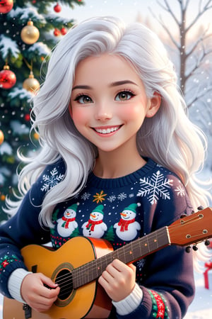 girl, white hair, grey  eyes, smile, cheerfull, blush, christmas sweater, Winter, Snowfall, Playing Spanish Guitar