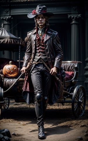 An ultra hd detailed, stunning, hyper realistic (((headless horseman))) , sleepy hollow, (((driving carriage and horse with 4 feets))), 
, medieval background, 32K, Highly Detailed, Best Quality, Darkest Dungeon.Halloween theme, perfect detailed, realistic, scary place, beautiful colours grading, 8k,HEADLESS,EpicArt,leonardo