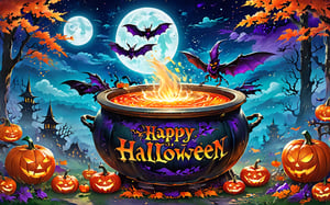 halloween greetings with a text "happy halloween", bats, spiders, jack-o' lantern, witch brewing magic in a cauldron, complentary color, complex background, dynamic angle, Airbrush, Intimate air, Racemix, Metallic, Psychedelic artwork, Shabby, High definition, Fashion, Ethereal,Land Of Boo