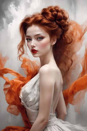 Fashion-Model-art-by-konstantin-razumov-by-alberto-seveso,Beautiful elegant pale woman with red auburn hair with long messy bun hair style exquisite and poetic beauty deep red lip and a elegant light orange dress with poetically beautiful style poetic black and white style background with poetic style