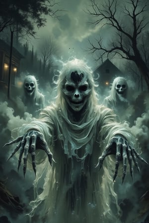 A dark, abandoned wooden cabin shrouded in dense fog with several ghostly figures emerging from the mist. The ghosts are semi-translucent, draped in tattered, flowing white shrouds, with hollow black eyes and gaping mouths, giving a look of silent, frozen screams. They reach forward with skeletal hands, their movements appearing unnatural and eerie, as if gliding towards the viewer. The fog swirls around their forms, blending with the shadows and adding a chilling, supernatural atmosphere by Fateline. The background is shadowy, with barely visible trees outlined in the mist, enhancing the haunted feeling of isolation. Ultra-detailed, high resolution (8K), realistic textures with a sinister, horror-inspired ambiance. (ghosts :1.5), [cabin in background], [fog].
